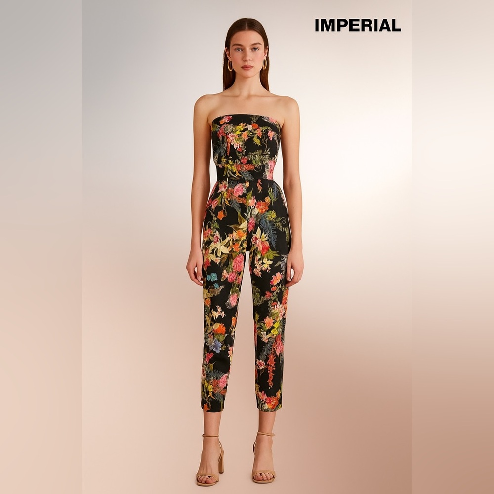 🛍️SALE🛍️IMPERIAL Elegant Strapless Jumpsuit with Vibrant Floral Tropical Pattern